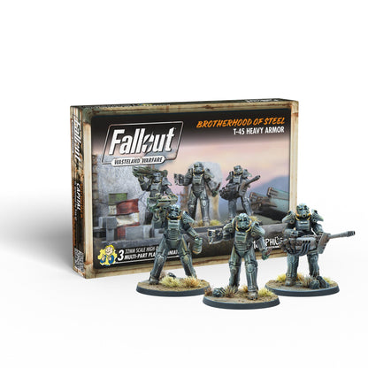 Fallout Wasteland Warfare - Brotherhood of Steel Heavy Armor (T45) game box next to four gray armored miniature figures holding various weapons