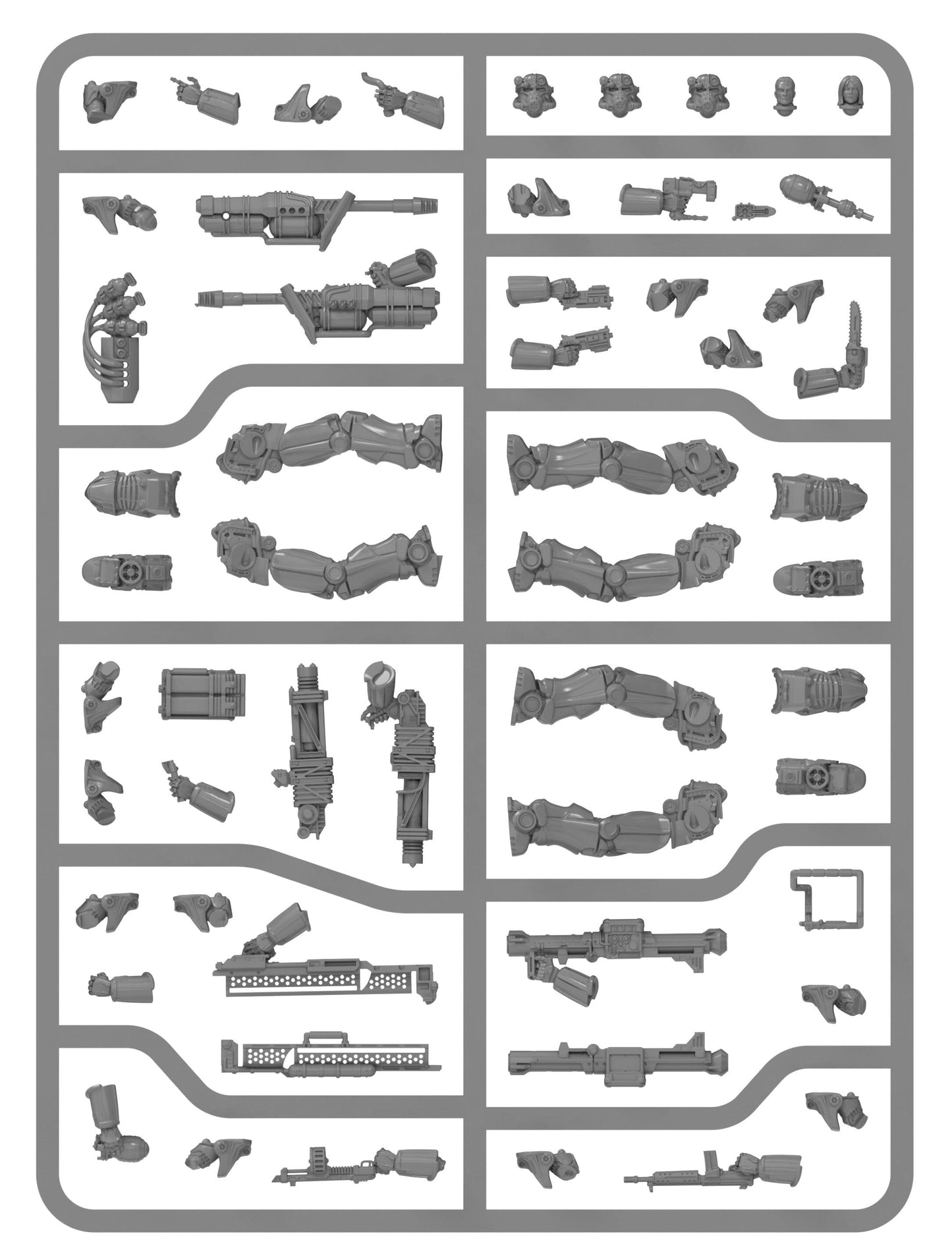 Gray plastic miniature model kit parts, including weapons, limbs, and heads, are arranged on a sprue against a white background