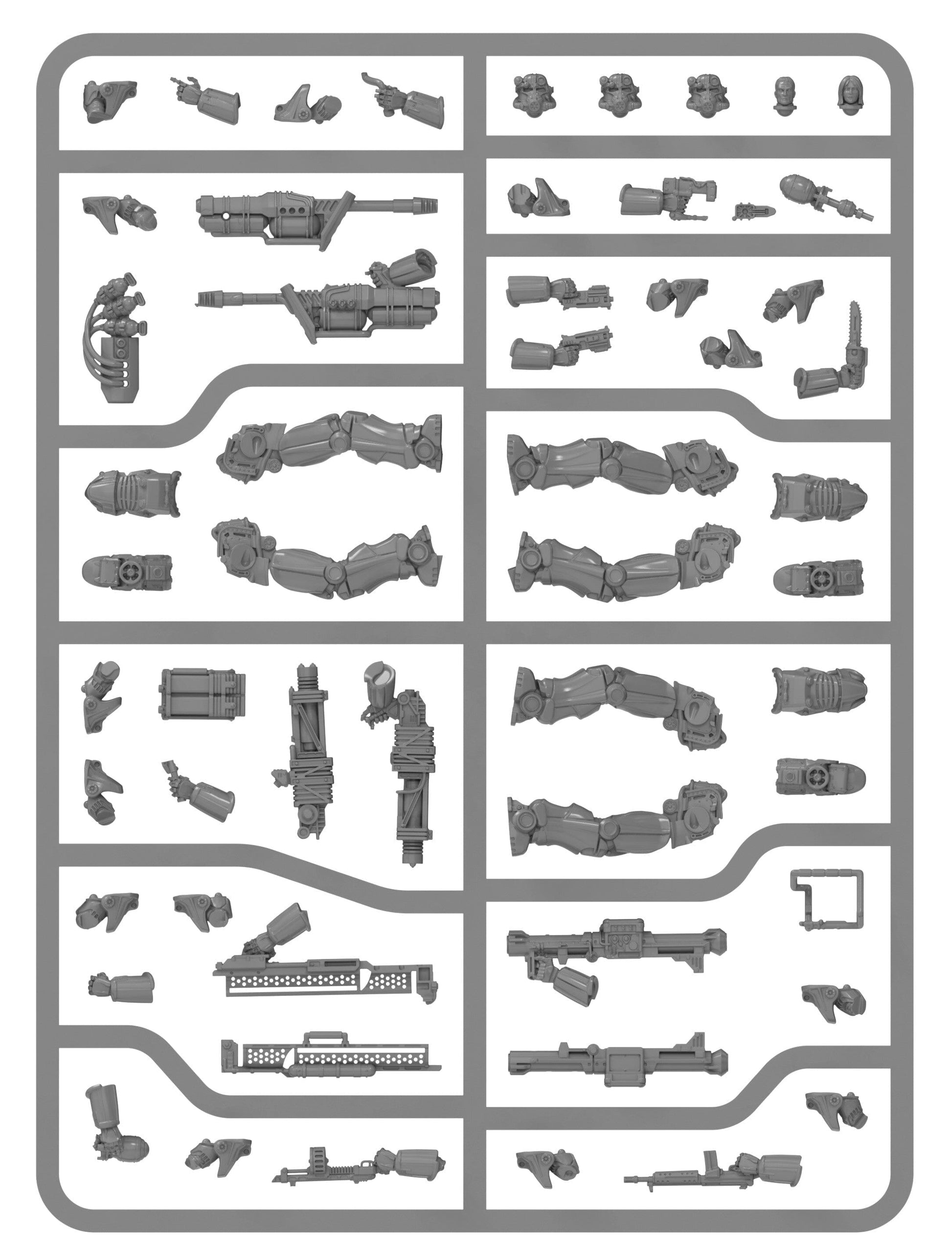 Gray plastic miniature model kit parts, including weapons, limbs, and heads, are arranged on a sprue against a white background