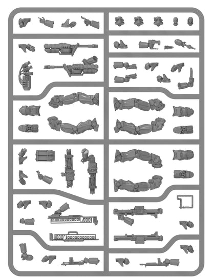 Gray plastic miniature model kit parts, including weapons, limbs, and heads, are arranged on a sprue against a white background