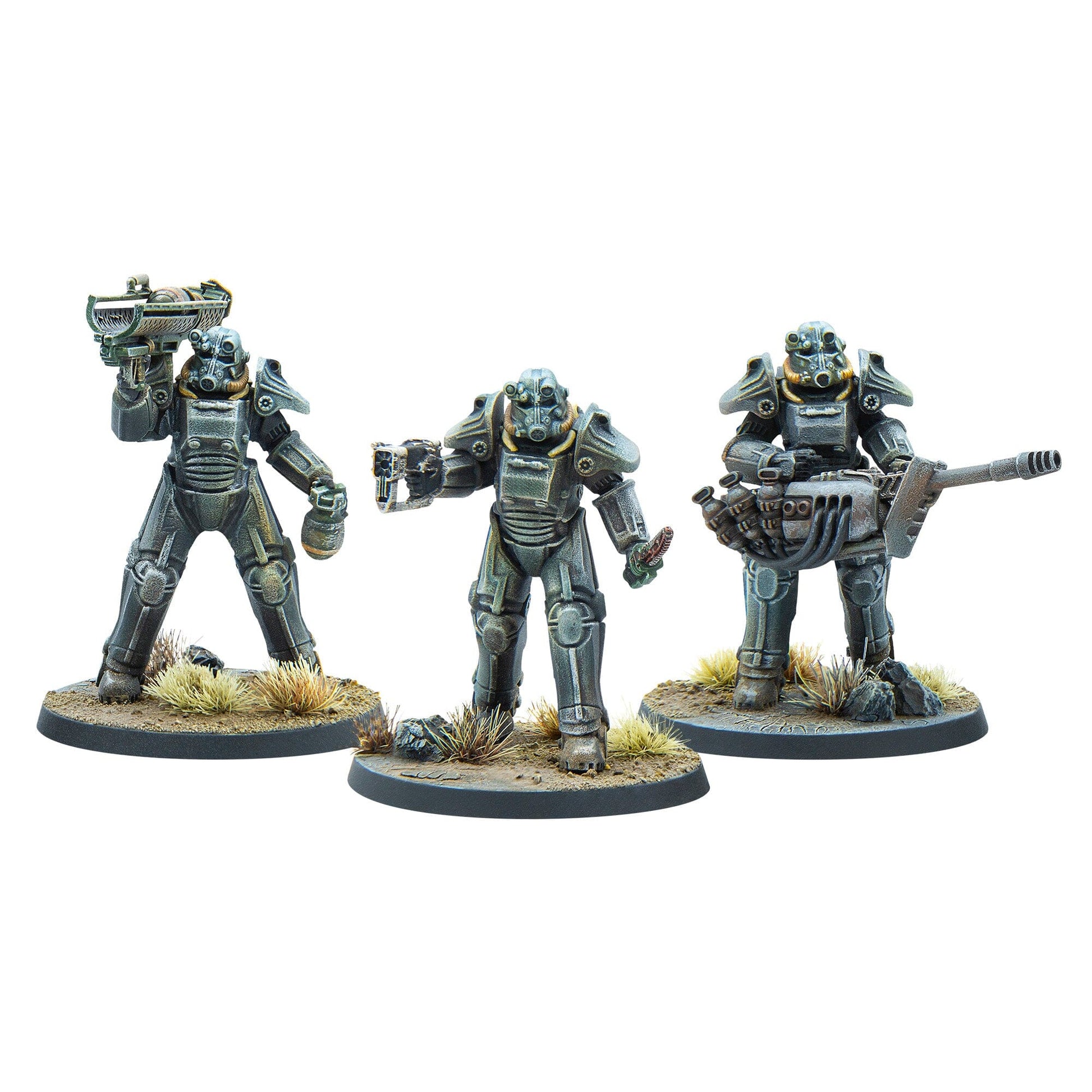 Three highly detailed miniature figures in grey power armor with various weapons stand on terrain bases against a white background
