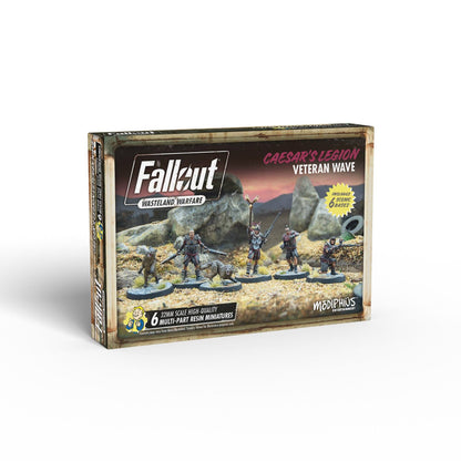 Fallout: Wasteland Warfare Caesar's Legion Veteran Wave miniatures box, displaying 6 detailed figures: 4 human, 2 wolves in a desert
