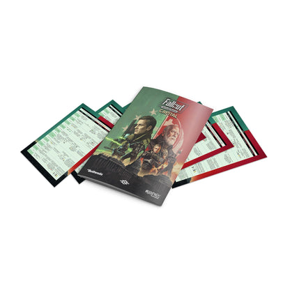 Fallout: Wasteland Warfare 'Capital' rulebook with character art on a green/red background, shown with game reference sheets