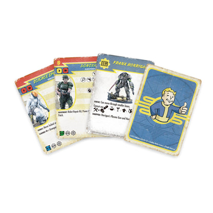 A fan of four weathered Fallout game cards, featuring Vault Boy, a scientist, a soldier, and a super mutant