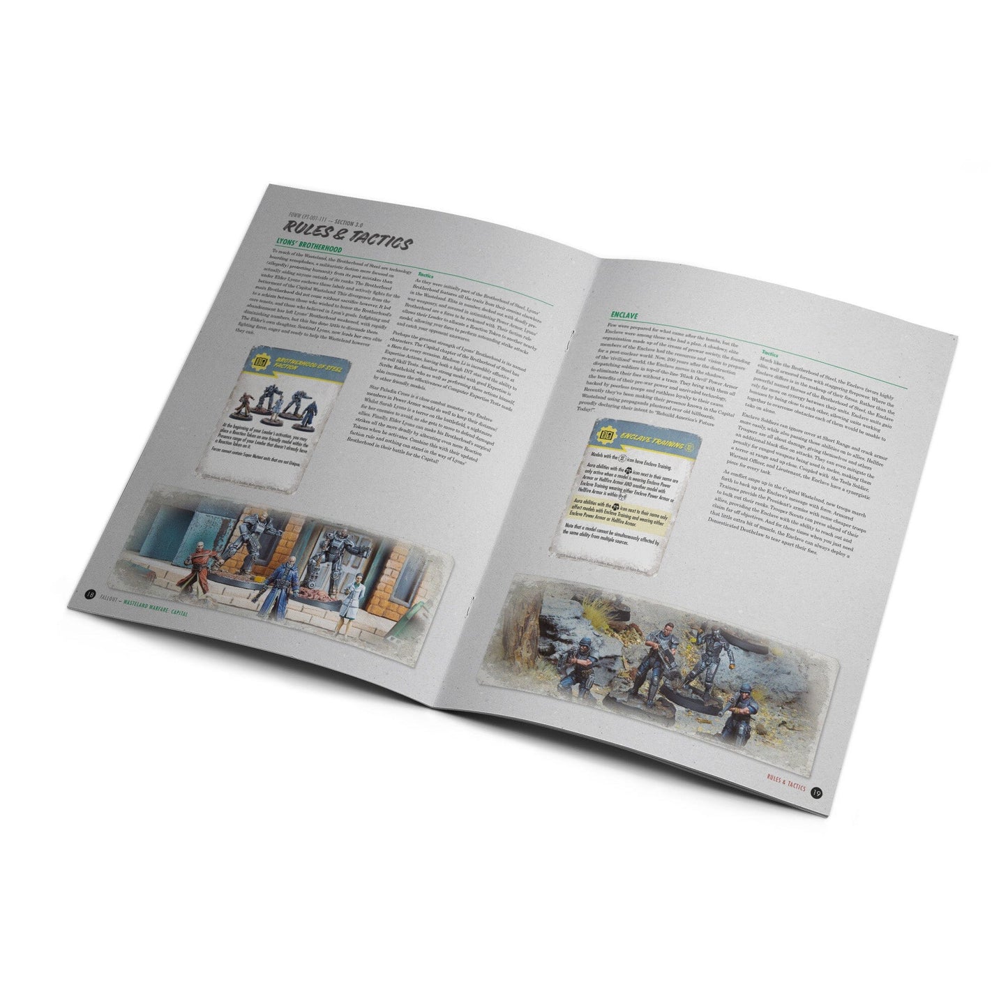 Open rulebook showing "Rules & Tactics" for a tabletop game with painted Brotherhood of Steel and Enclave miniatures
