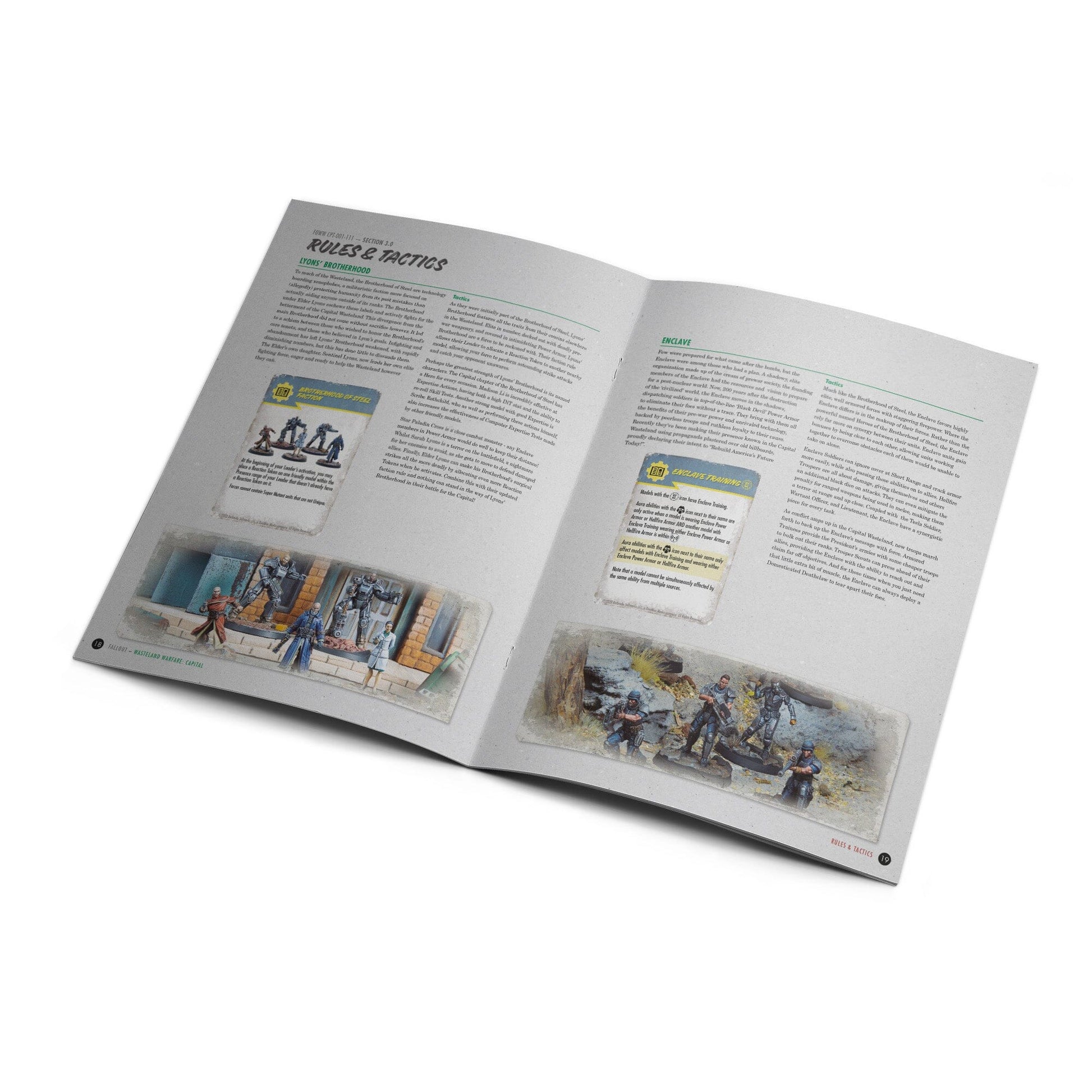 Open rulebook showing "Rules & Tactics" for a tabletop game with painted Brotherhood of Steel and Enclave miniatures