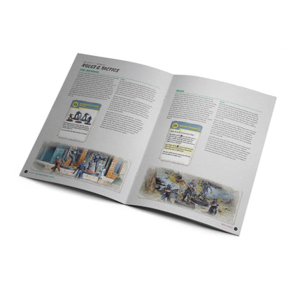 Open rulebook showing "Rules & Tactics" for a tabletop game with painted Brotherhood of Steel and Enclave miniatures