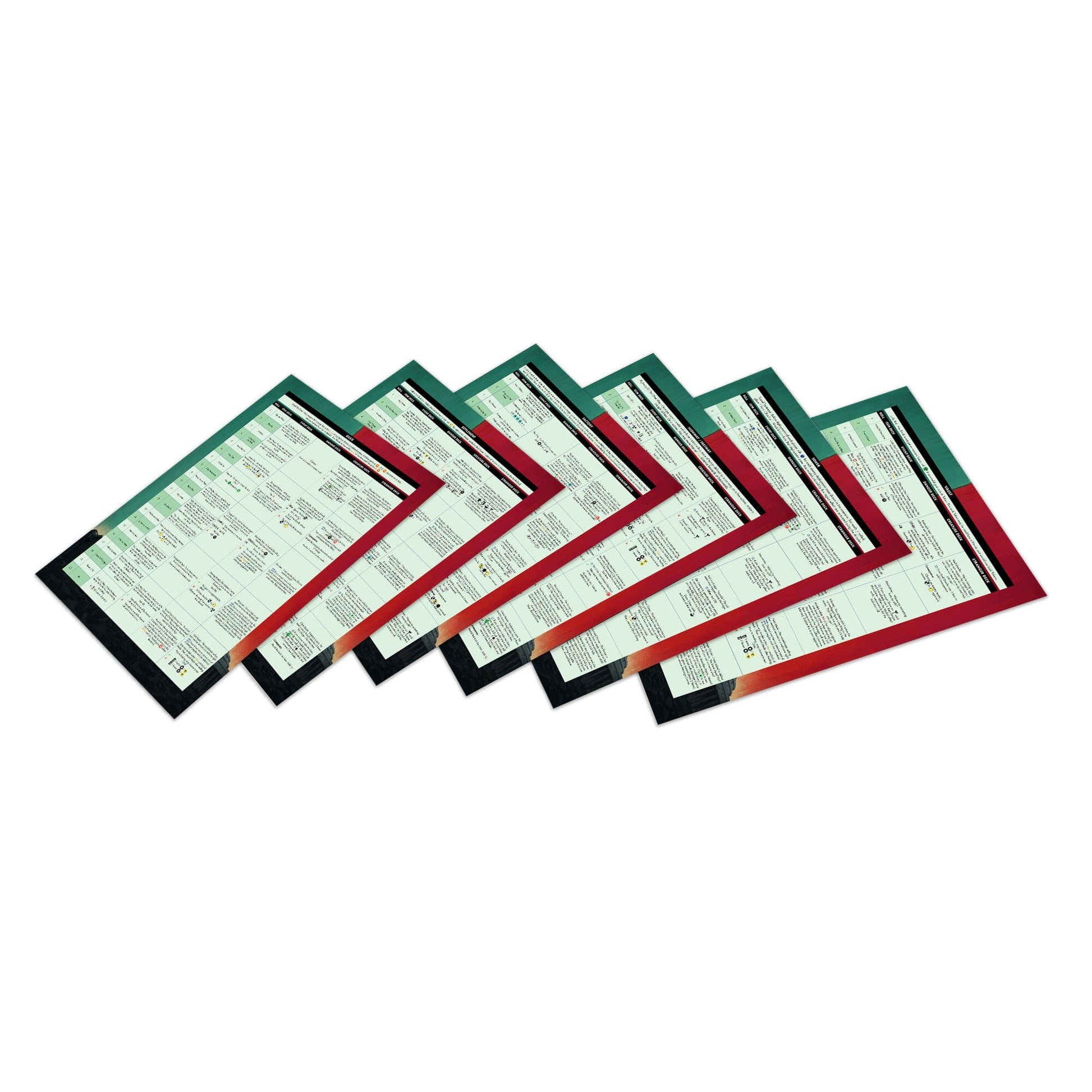 Six fanned board game player boards with green and red sections, displaying rules and icons