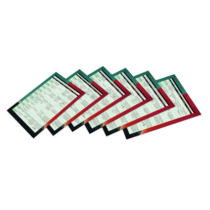 Six fanned board game player boards with green and red sections, displaying rules and icons