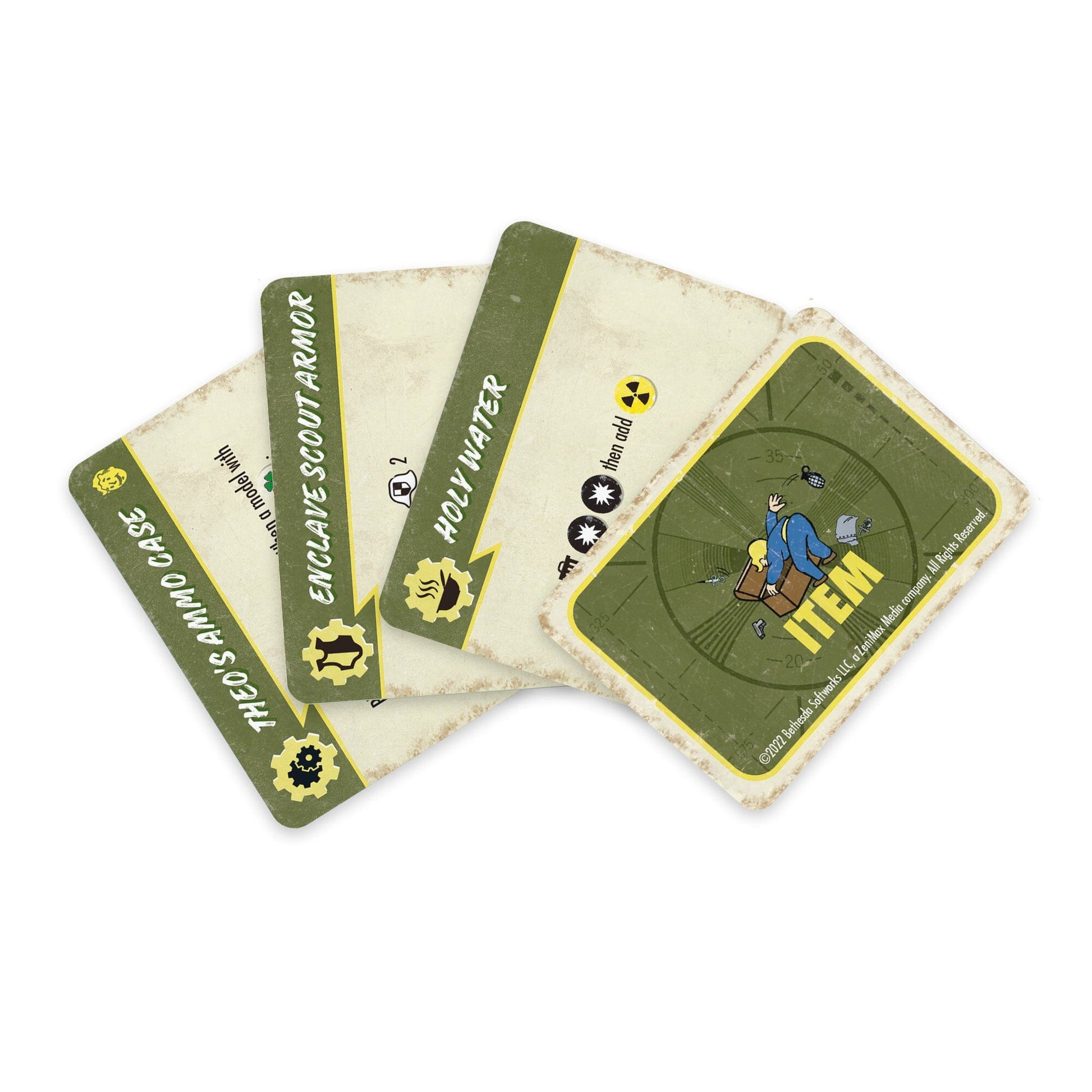 The top card shows a Vault Boy character peeking into a box labeled 'ITEM'