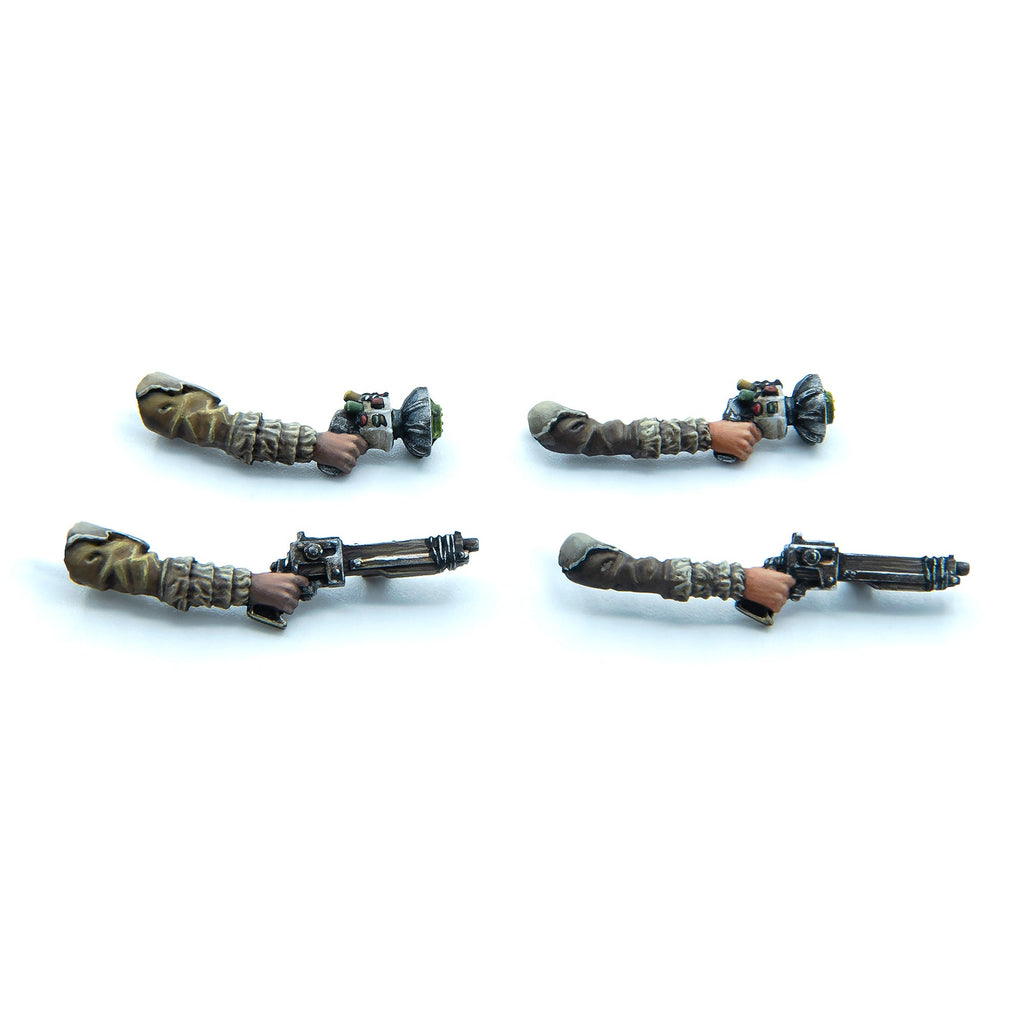 Four painted miniature arms gripping two energy pistols and two sci-fi rifles