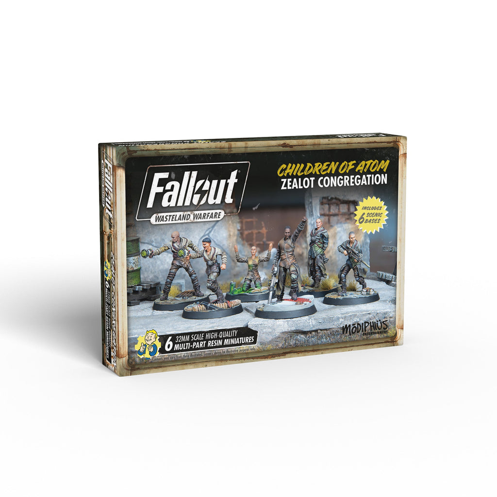 Fallout: Wasteland Warfare "Children of Atom" miniatures box, featuring 6 painted, armed figures on scenic bases