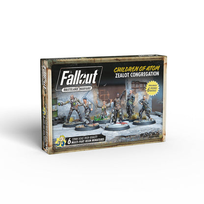 Fallout: Wasteland Warfare "Children of Atom" miniatures box, featuring 6 painted, armed figures on scenic bases