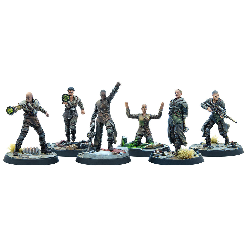 Six diverse painted sci-fi/fantasy warrior miniatures in action poses, some with rifles, some with glowing orbs
