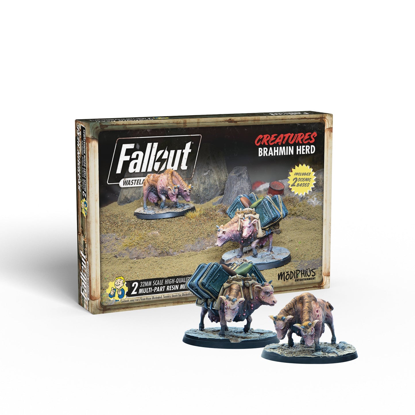 The box for Fallout Wasteland Warfare Creatures Brahmin Herd stands beside three detailed miniature Brahmin figures, two of which are loaded with blue packs