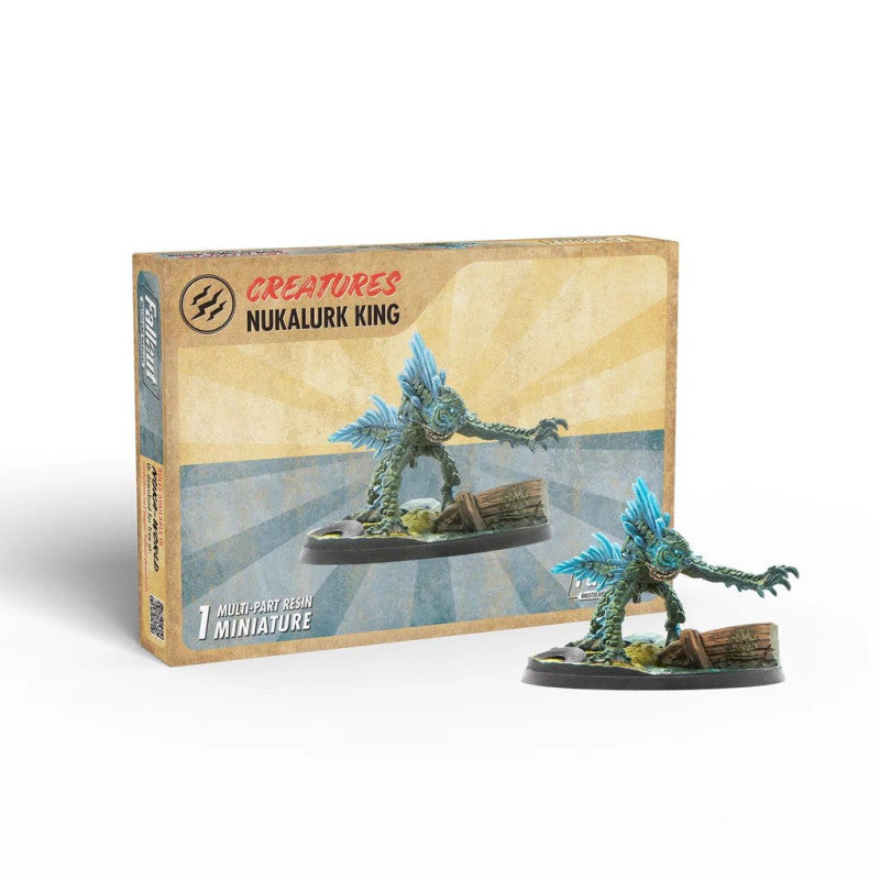 A green and blue crystal-spiked Fallout Nukalurk King miniature, displayed with its product box.