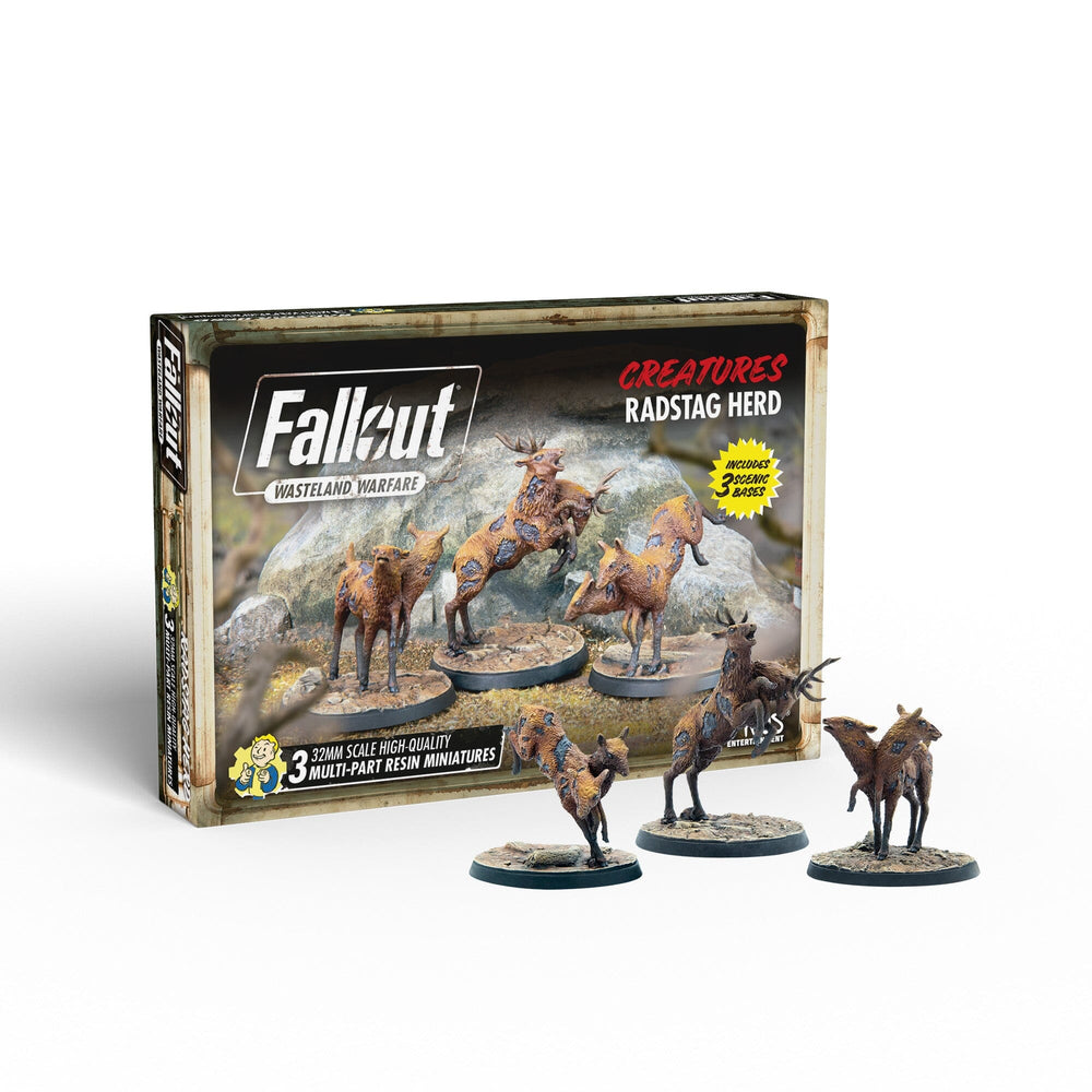 Fallout: Wasteland Warfare Radstag Herd miniatures set, showing the box and three unpainted resin figures on bases