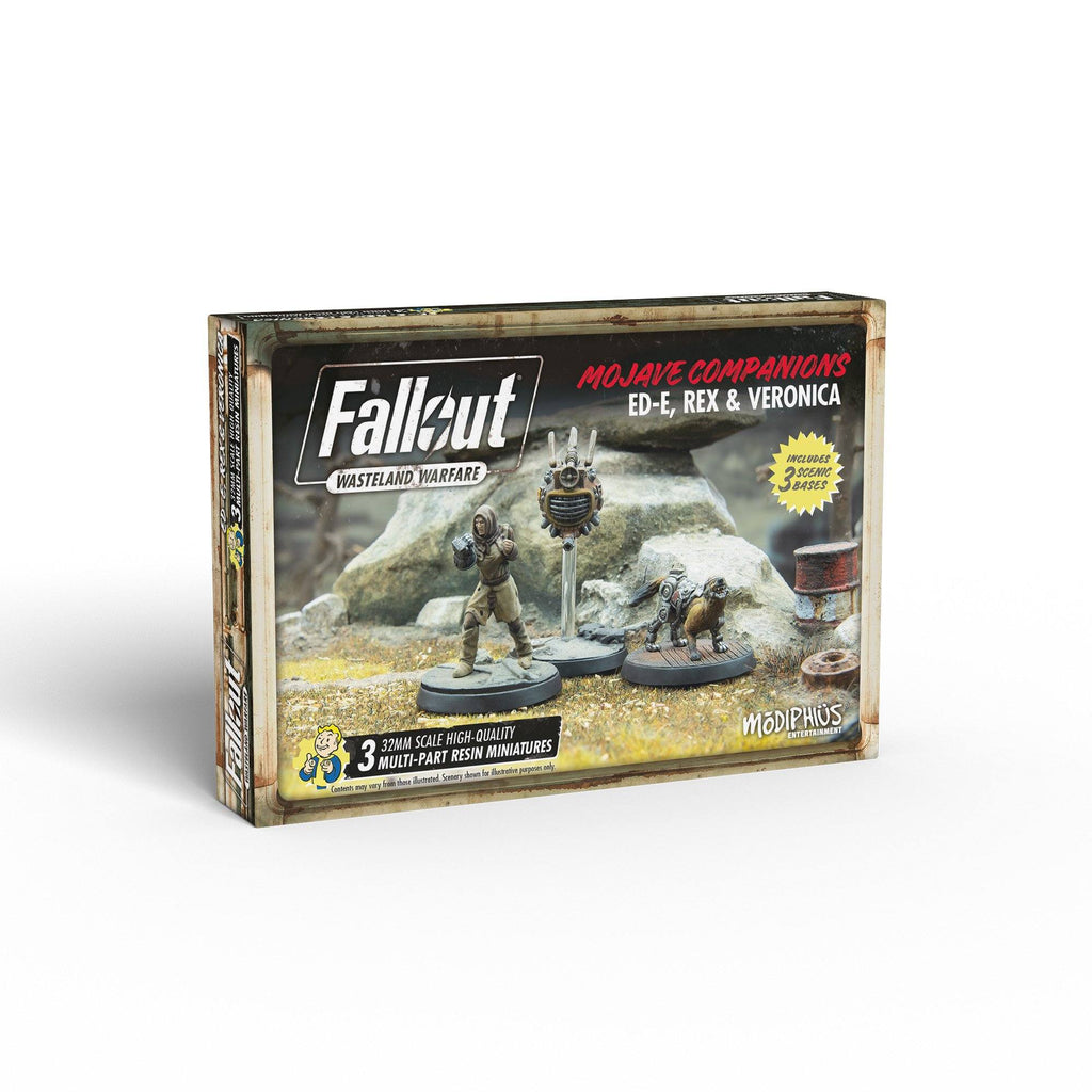 Fallout: Wasteland Warfare box displaying ED-E, Rex, and Veronica resin miniatures on scenic bases