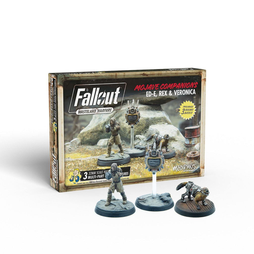 Fallout Wasteland Warfare Mojave Companions miniatures set featuring Veronica, ED-E, and Rex figures, with product box
