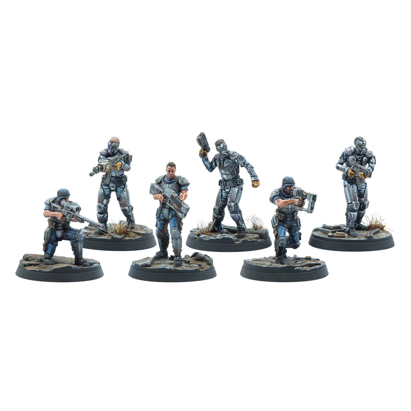 Six sci-fi soldier miniatures in grey and blue armor, armed with rifles and pistols, in action poses on textured bases
