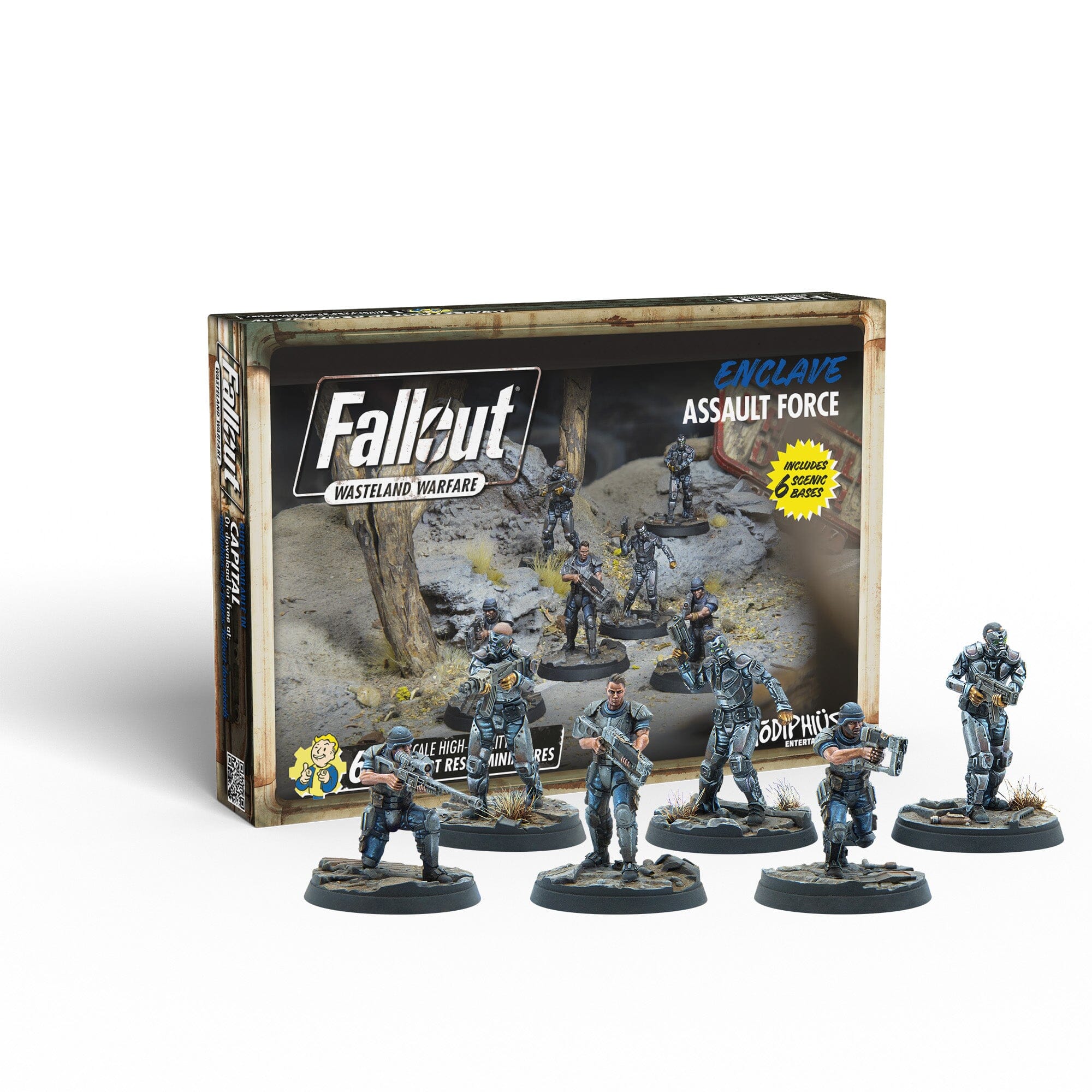 Box and multiple grey power armored soldier miniatures on display