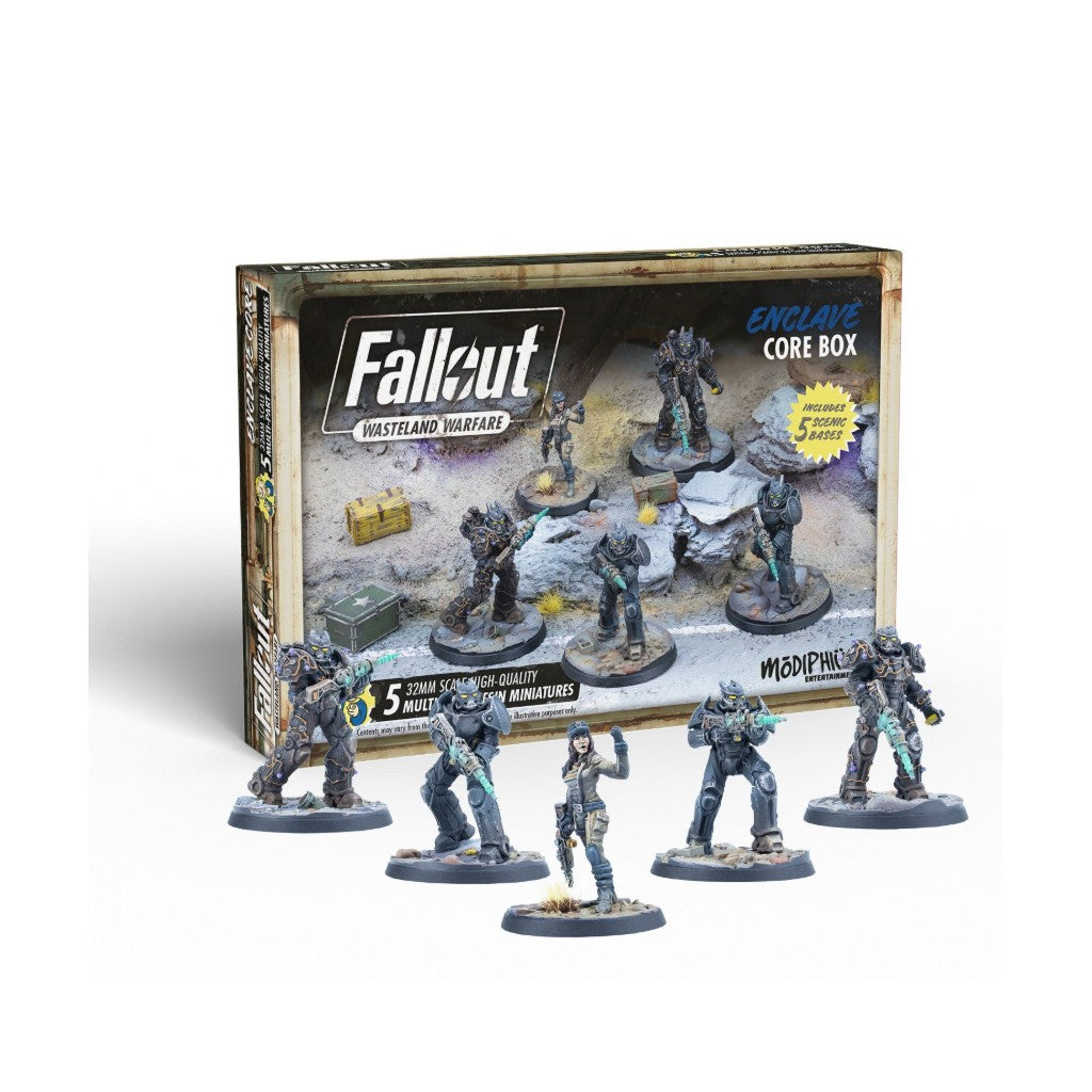 Fallout: Wasteland Warfare Enclave Core Box and six painted miniatures, including armored soldiers and a female character.