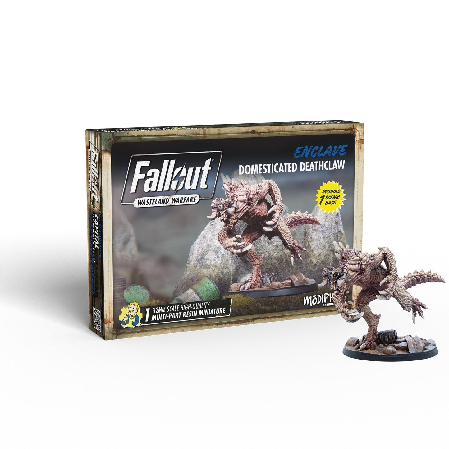A Fallout Wasteland Warfare Enclave Domesticated Deathclaw miniature and its brown product box featuring the miniature on a rocky background