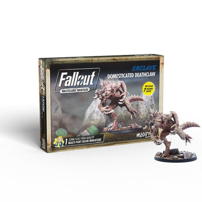 A Fallout Wasteland Warfare Enclave Domesticated Deathclaw miniature and its brown product box featuring the miniature on a rocky background