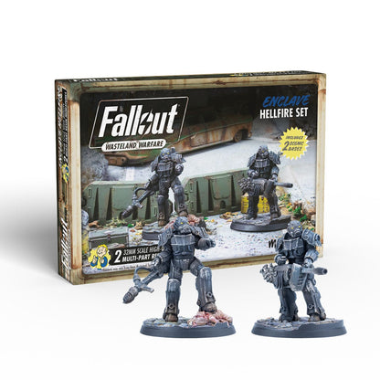 A Fallout: Wasteland Warfare 'Enclave Hellfire Set' box and two detailed grey power-armored miniatures holding large guns
