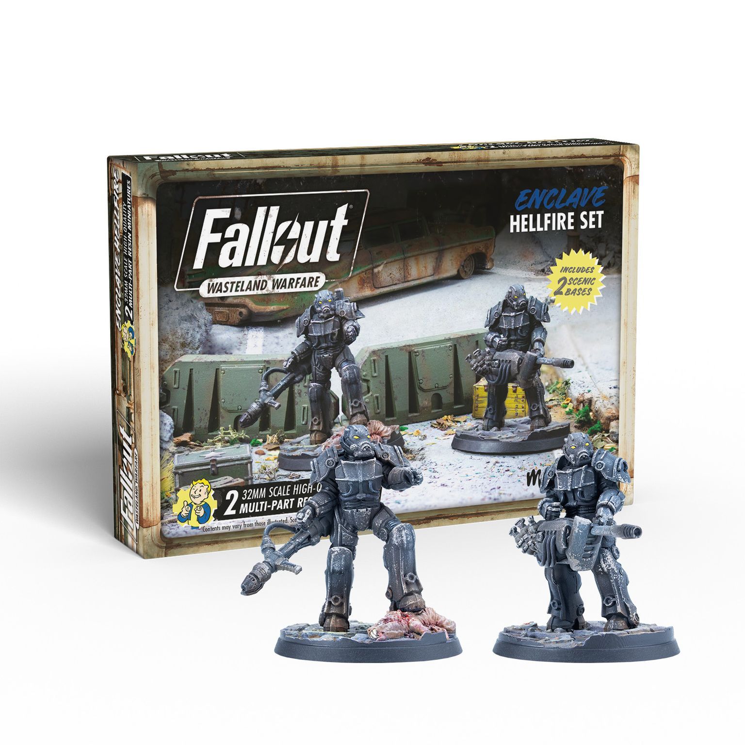 A Fallout: Wasteland Warfare 'Enclave Hellfire Set' box and two detailed grey power-armored miniatures holding large guns