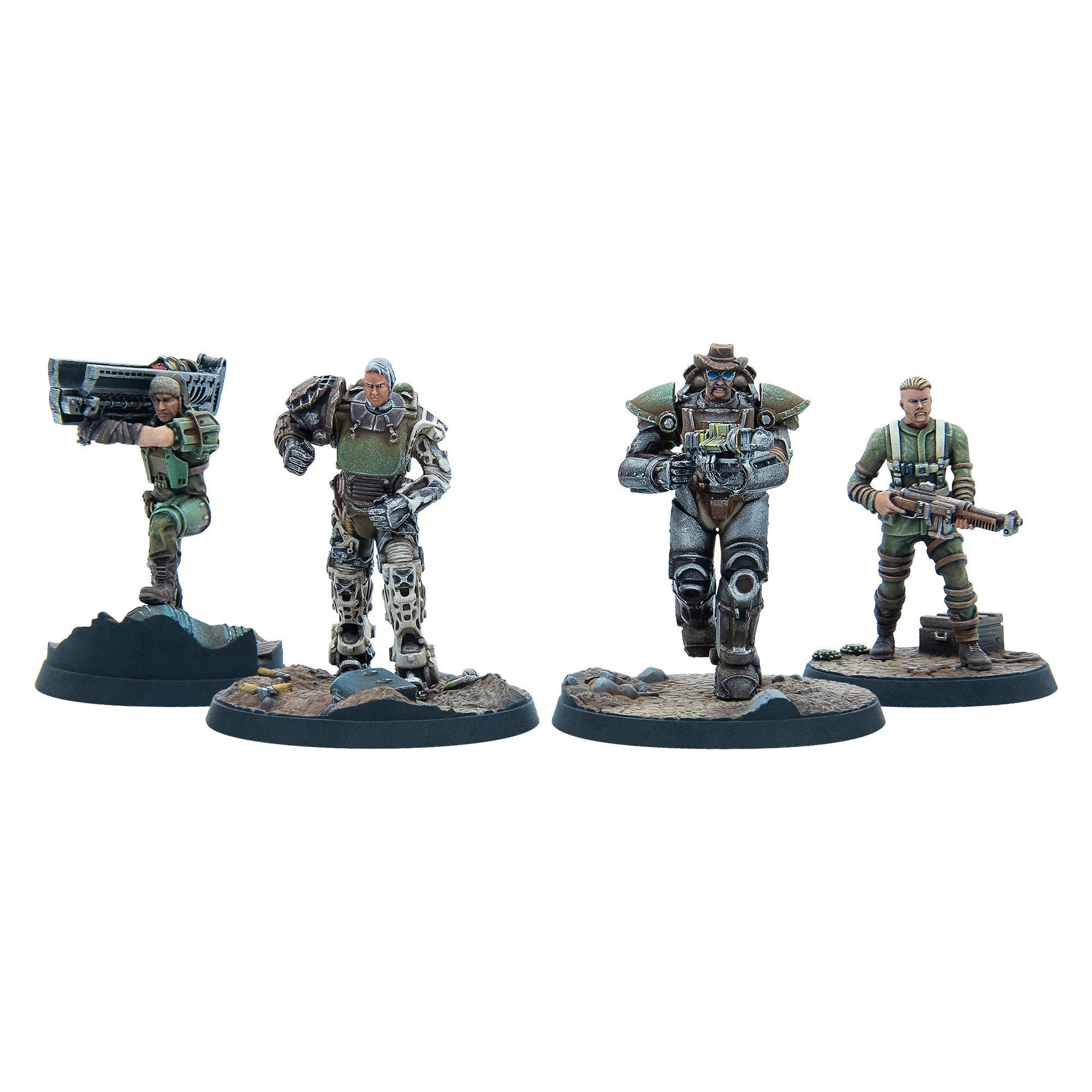 Four post-apocalyptic miniatures: a woman aiming a heavy weapon, two men in power armor, and a man with a rifle