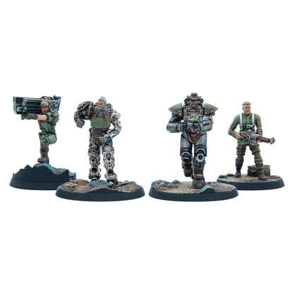 Four post-apocalyptic miniatures: a woman aiming a heavy weapon, two men in power armor, and a man with a rifle