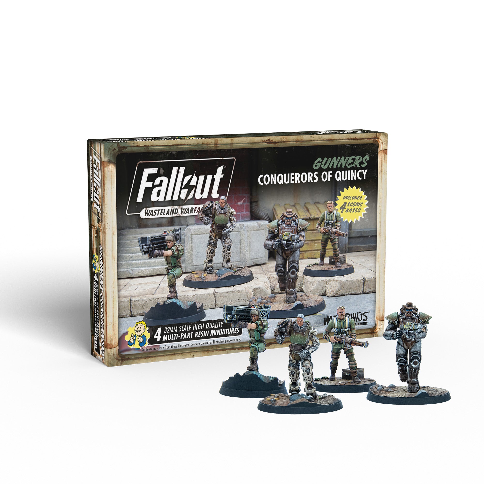 Fallout: Wasteland Warfare "Gunners: Conquerors of Quincy" box with four detailed resin miniature figures in various combat poses