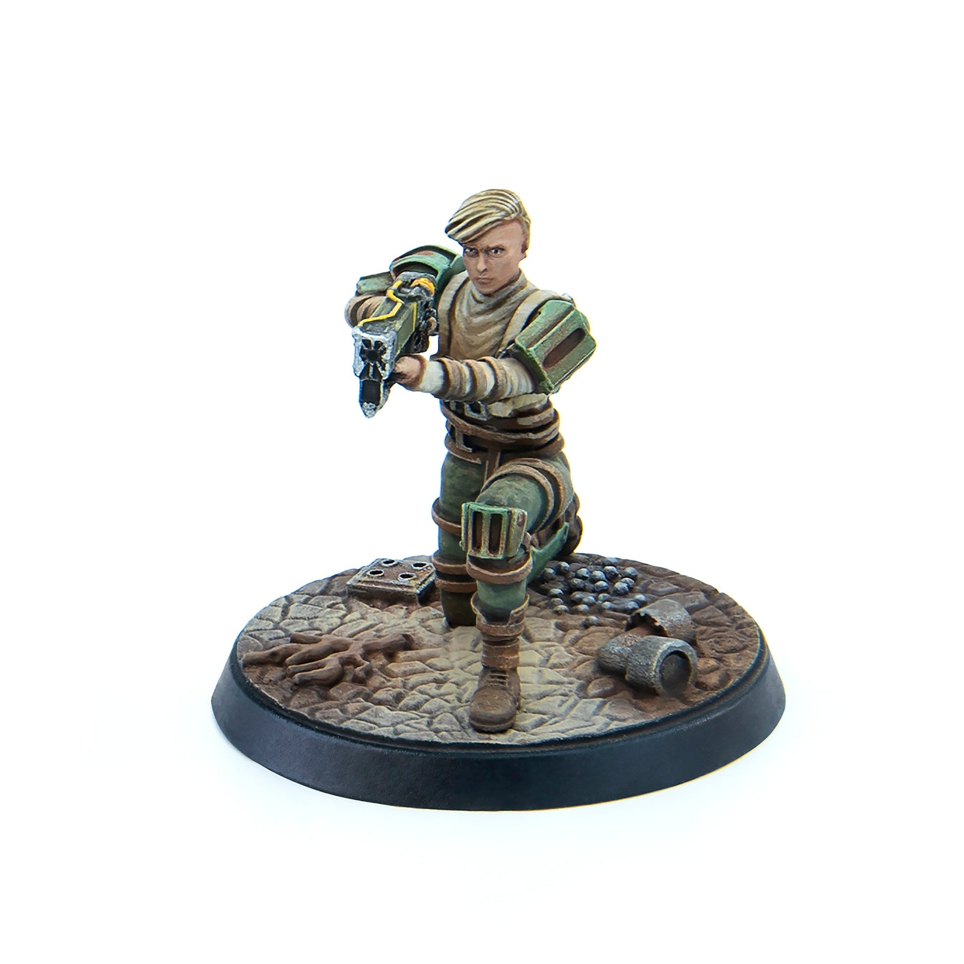 Painted miniature of a blonde woman in green/beige armor, kneeling and aiming a futuristic weapon on a textured base