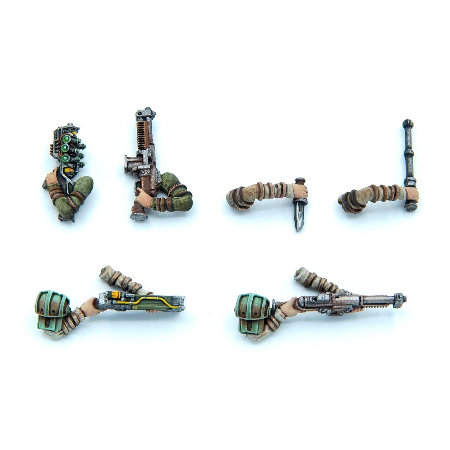 Six painted miniature model arms holding sci-fi weapons: rifles, a knife, and a grenade launcher