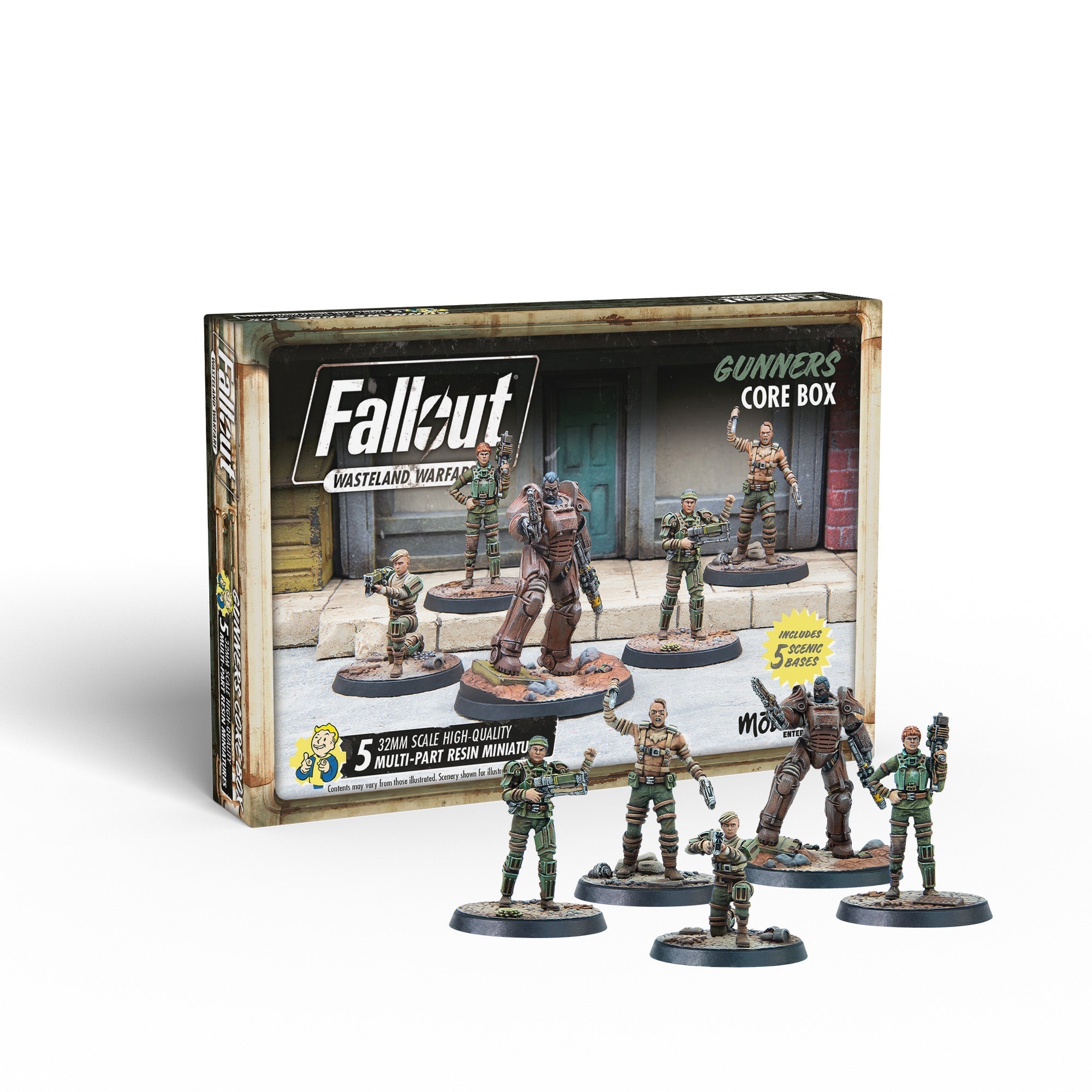 Fallout: Wasteland Warfare Gunners Core Box, with five detailed miniatures displayed, including a power-armored figure