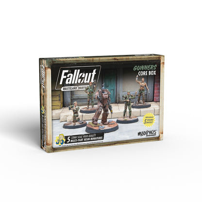 Fallout: Wasteland Warfare Gunners Core Box with five detailed resin miniatures, one in power armor, on scenic bases
