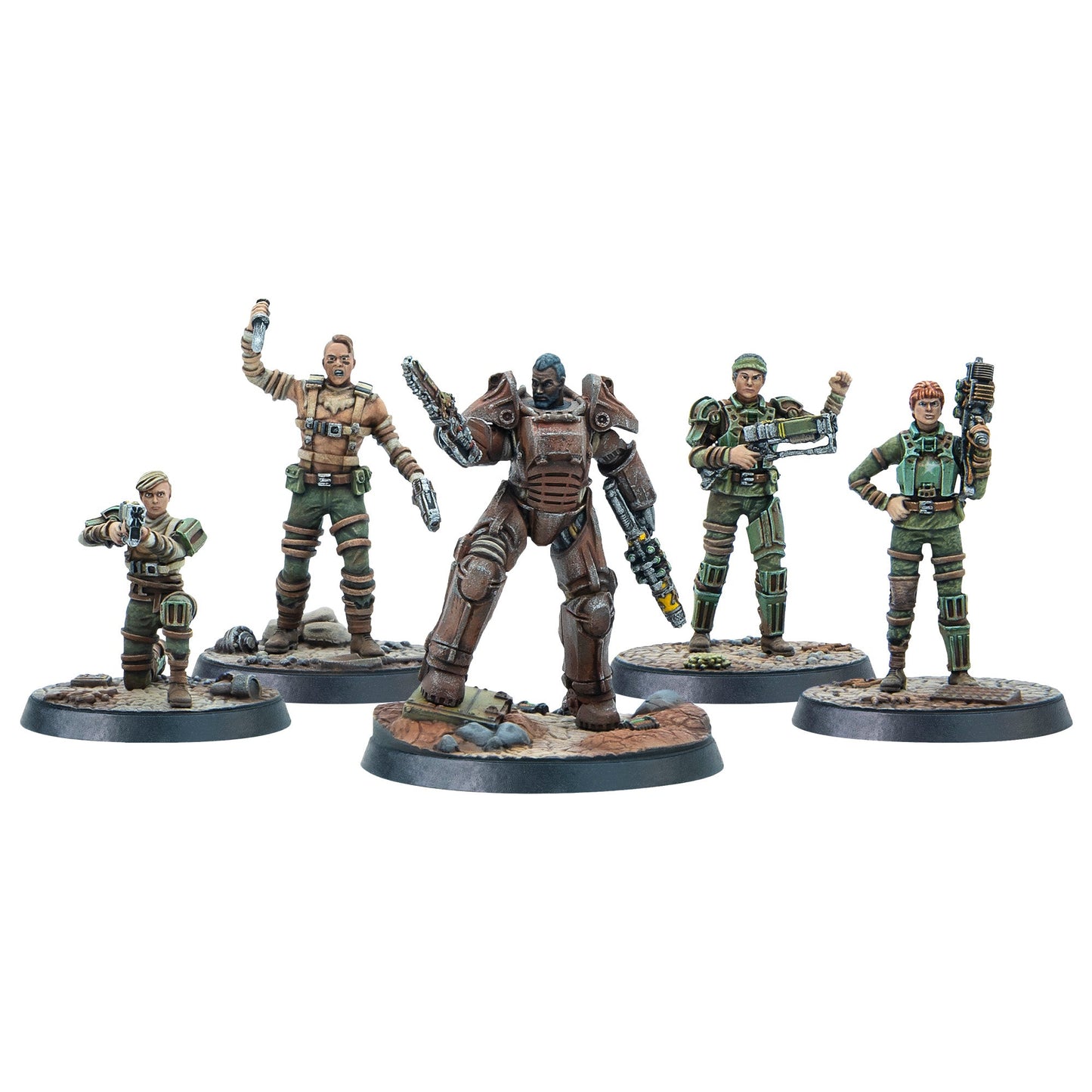 Five detailed miniatures: a central power-armored figure wielding two guns, flanked by four armed human soldiers