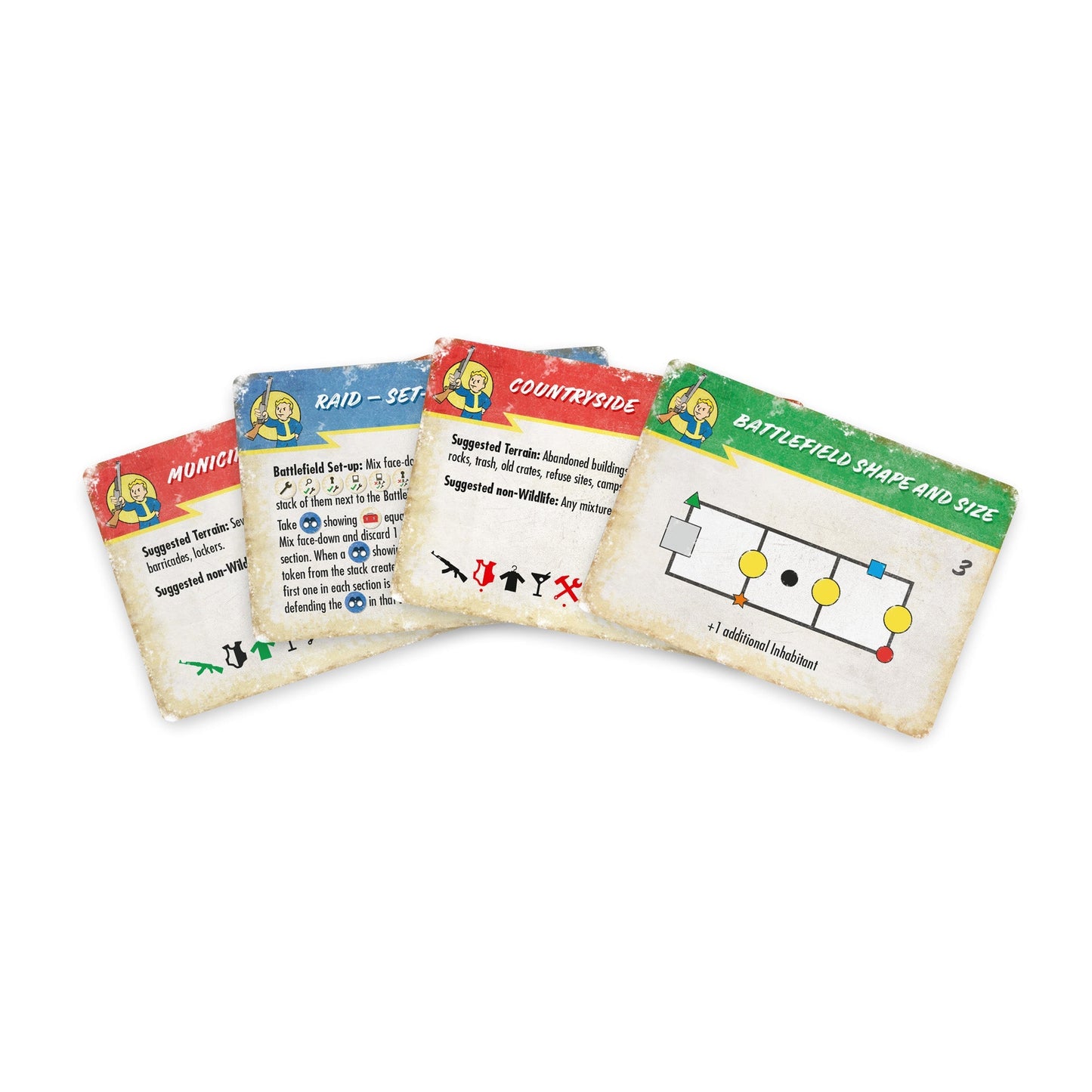 Four distressed Fallout game cards are fanned out, showing Vault Boy and game instructions like 'Countryside'