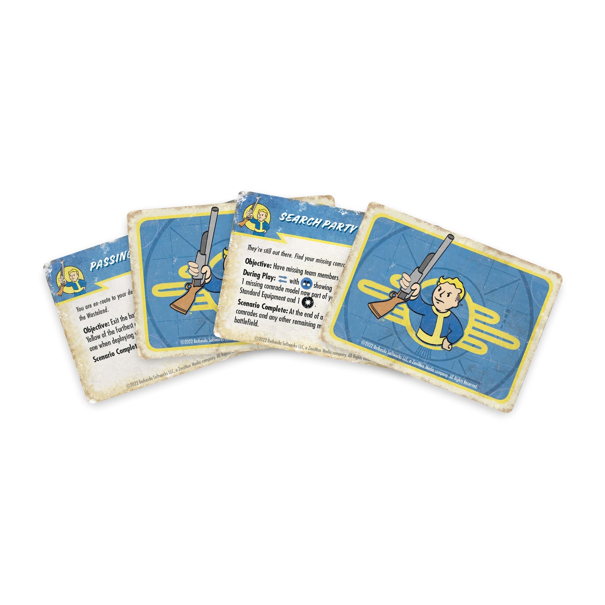 Fanned-out, worn Fallout game cards show Vault Boy with a rifle. "Search Party" and game objectives are visible