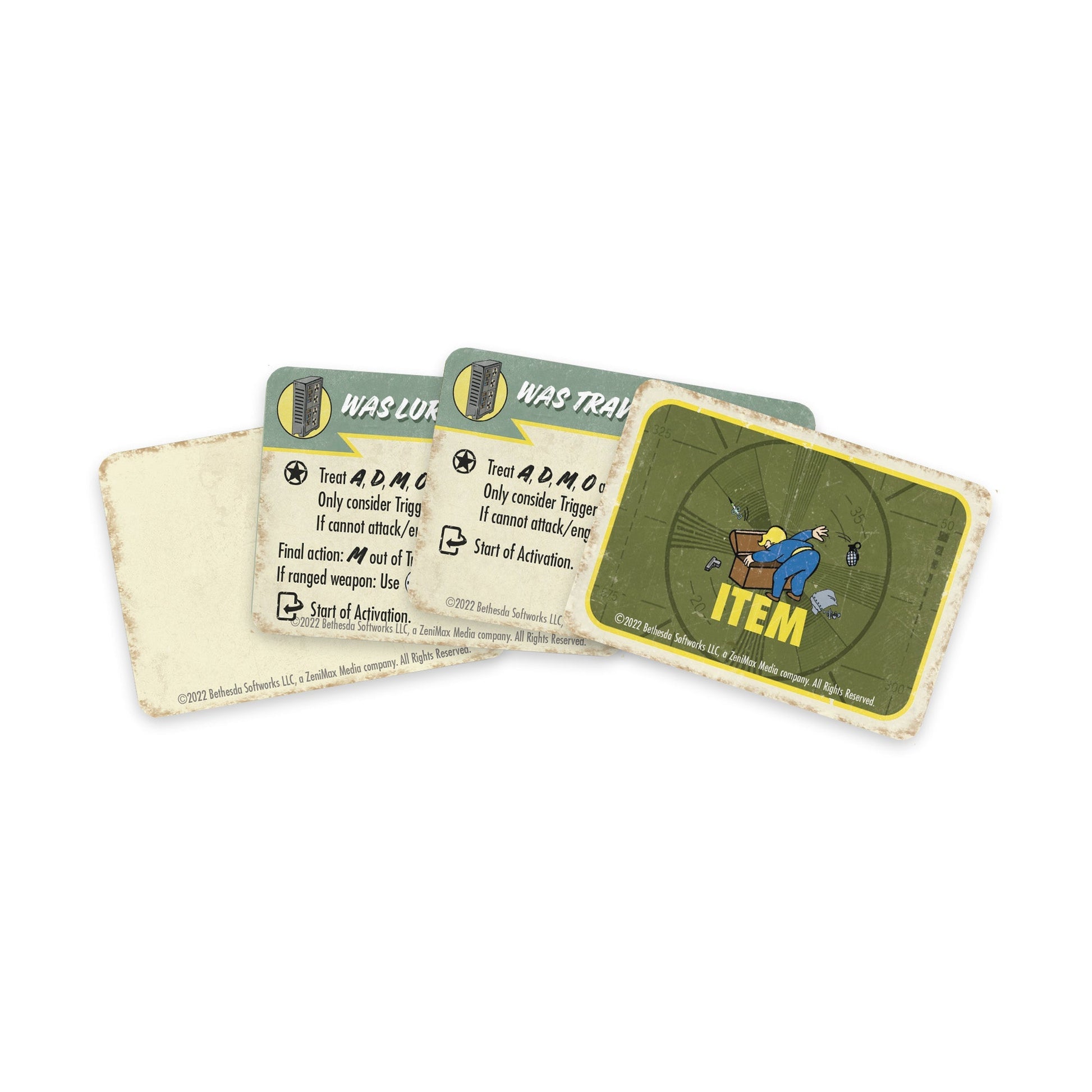 Three Fallout board game cards, the foreground 'ITEM' card shows Vault Boy searching a chest with a gun and tools