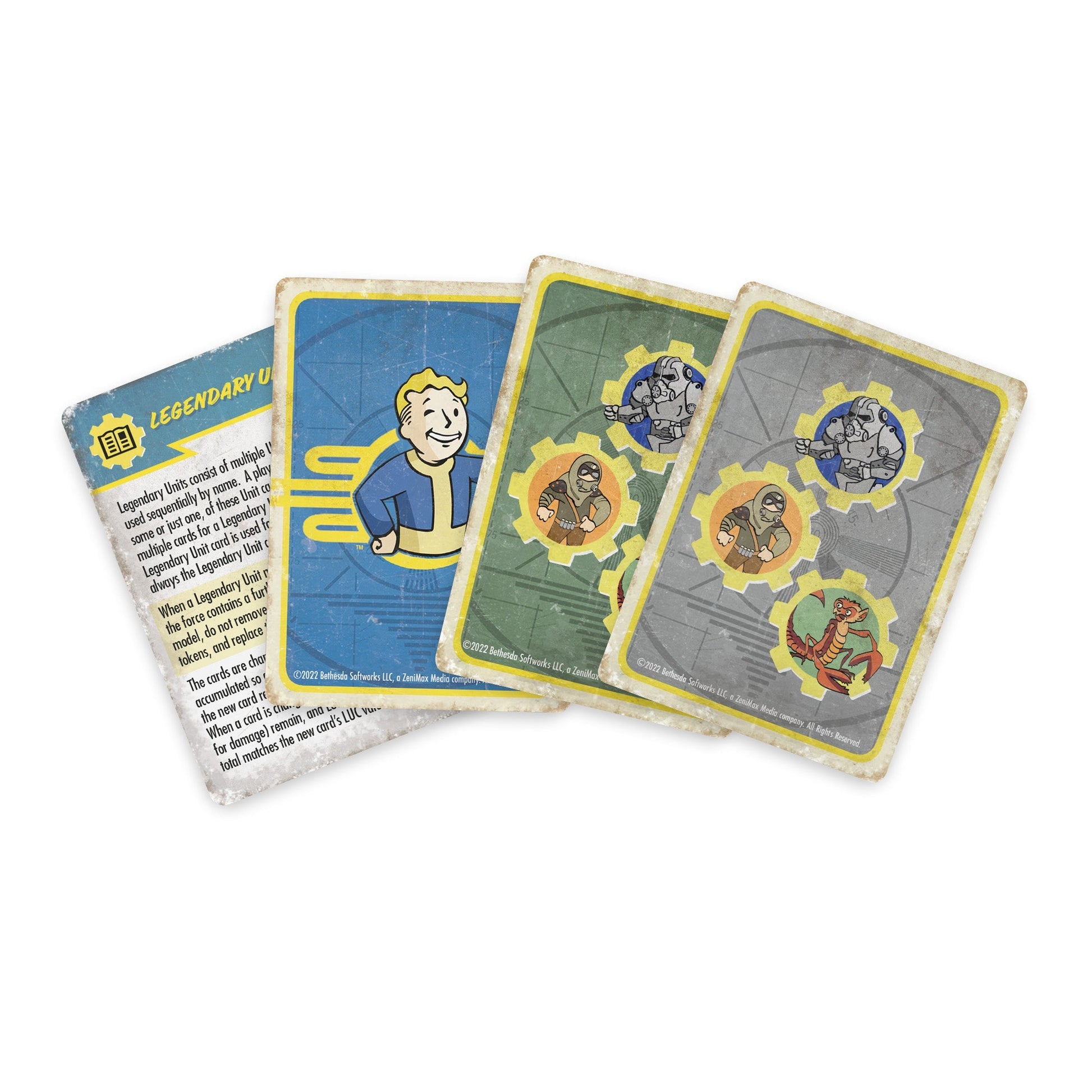 Four fanned Fallout game cards show Vault Boy, Power Armor, raiders, and a creature against blue, green, and grey backgrounds