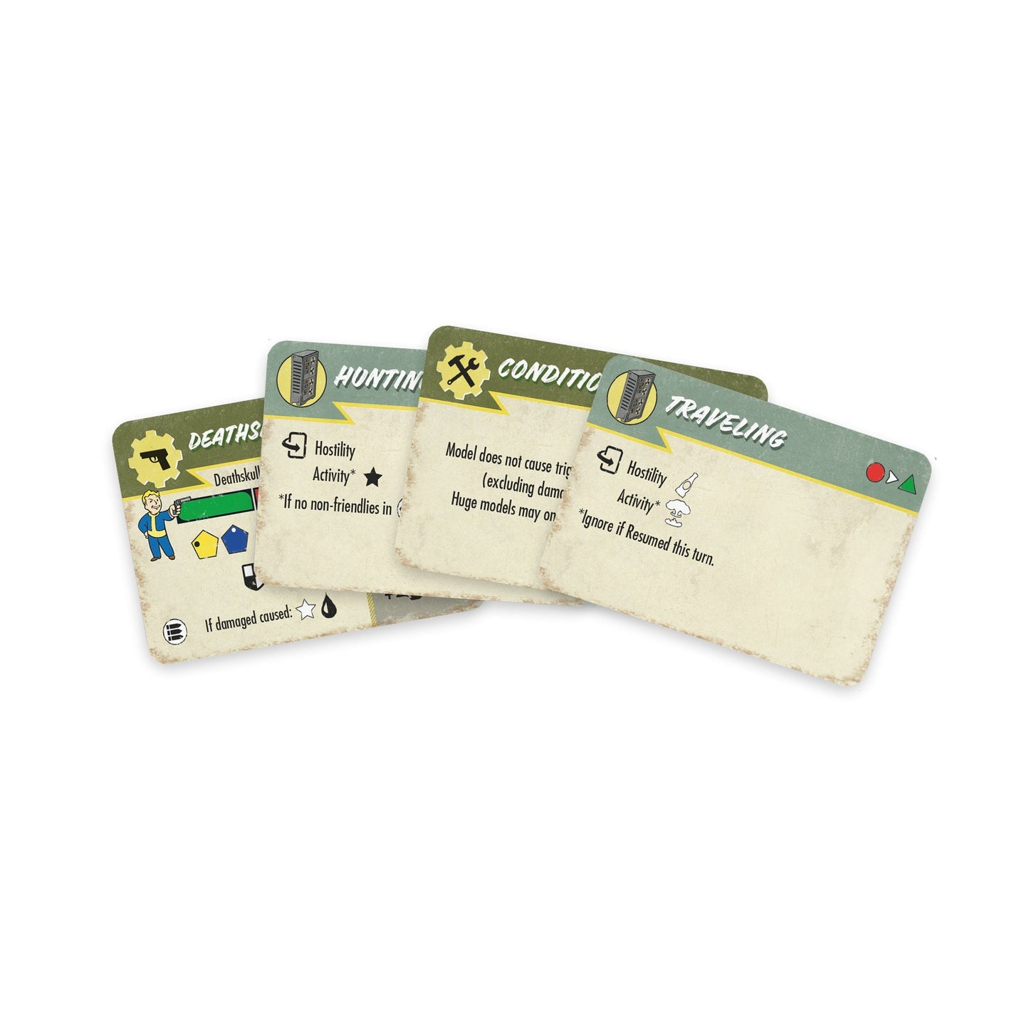 Fanned-out Fallout game cards. The visible front card shows Vault Boy, a pistol, and "DEATHS" text