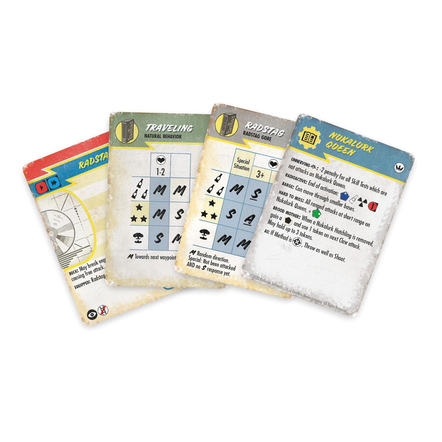 Four worn Fallout game cards, including "Nukalurk Queen," "Radstag," and "Traveling," fanned out on a white surface