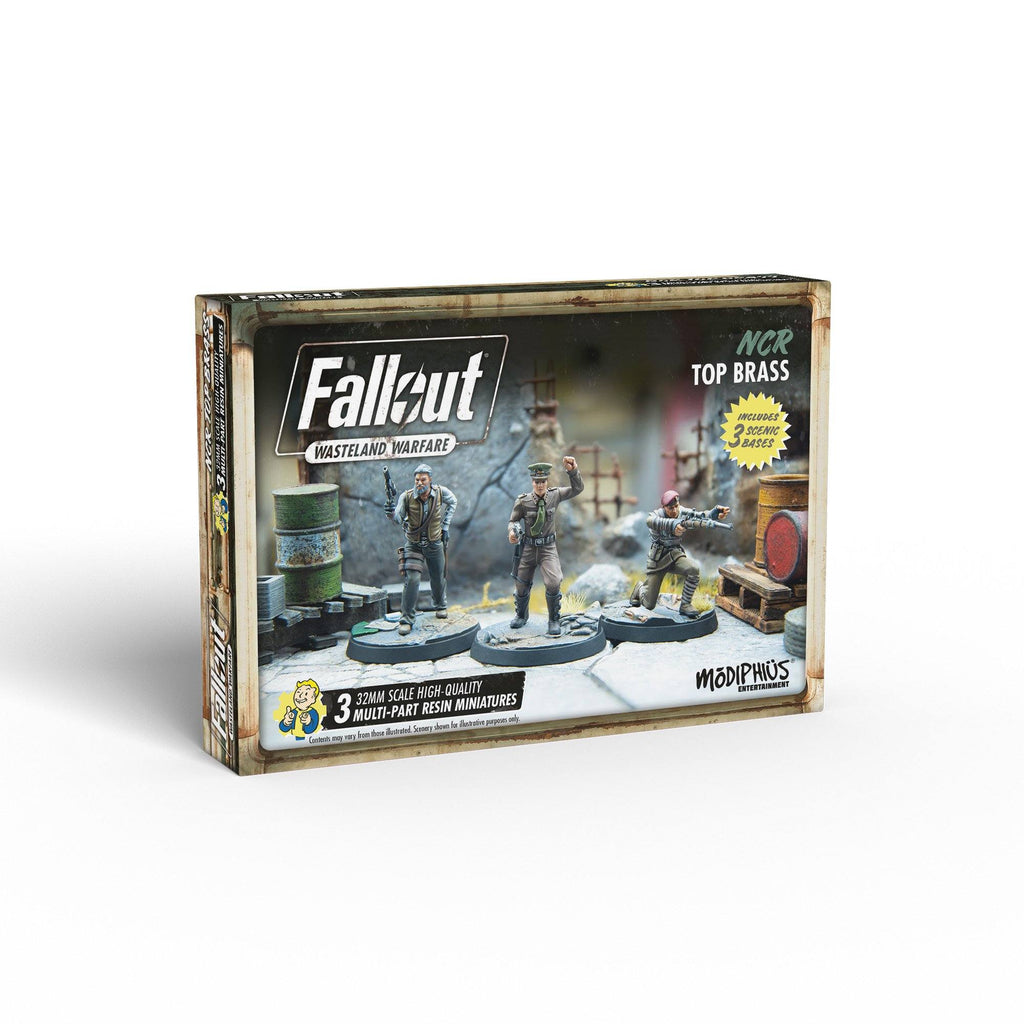 Fallout Wasteland Warfare: NCR Top Brass box with three detailed military-style miniatures in action poses