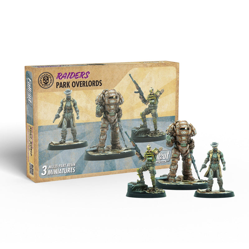 Fallout: Wasteland Warfare "Raiders Park Overlords" box with three painted multi-part resin miniatures, including an armored figure