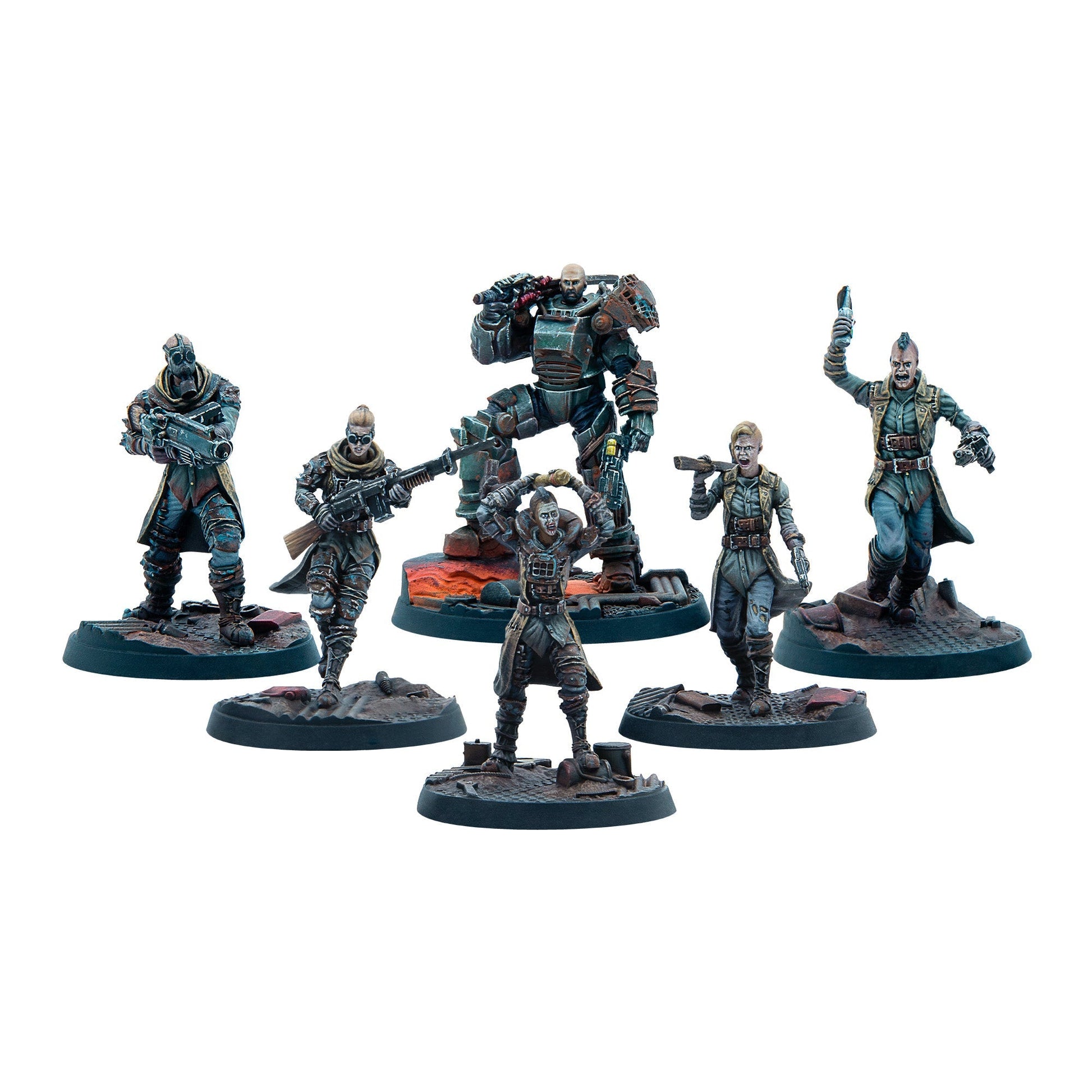 Six post-apocalyptic miniatures in dynamic poses, featuring power armor, gas masks, and various weapons