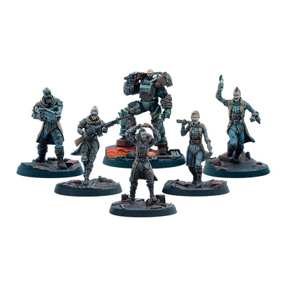 Six post-apocalyptic miniatures in dynamic poses, featuring power armor, gas masks, and various weapons