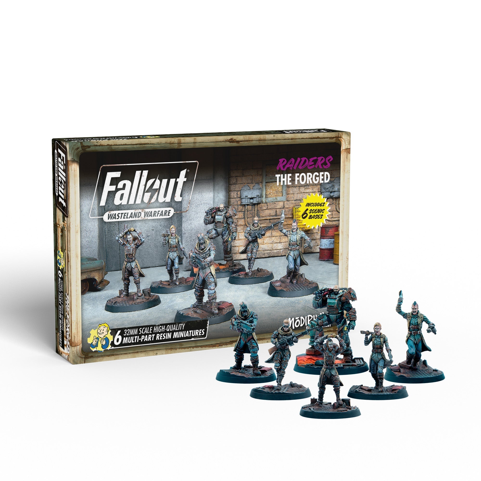 Six painted Fallout Wasteland Warfare 'Raiders: The Forged' resin miniatures displayed in front of their product box