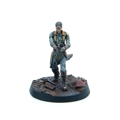 Miniature of a determined Black woman in worn clothes, aiming a crossbow on a debris-strewn industrial base